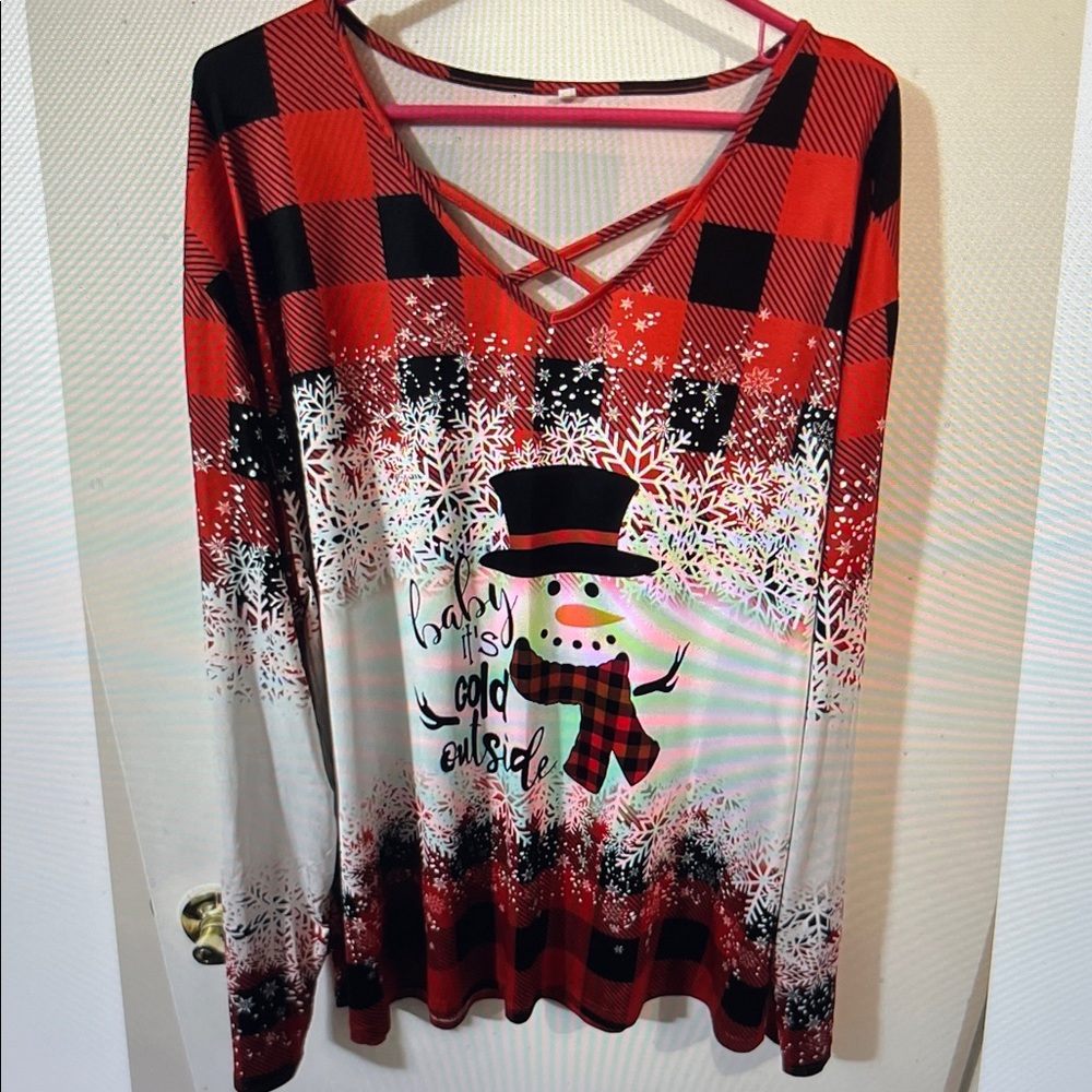 Red Plaid Snowman snowflake women’s  4XL Long Sleeve Top